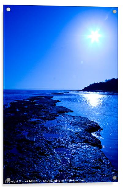 Lyme Regis beach in blue. Acrylic by mark blower