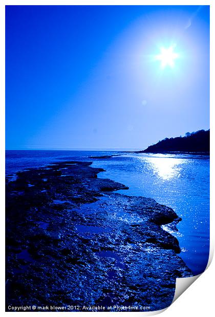 Lyme Regis beach in blue. Print by mark blower