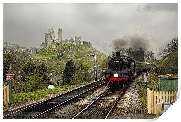 Steam train at Corfe Castle Print by Matthew Bates