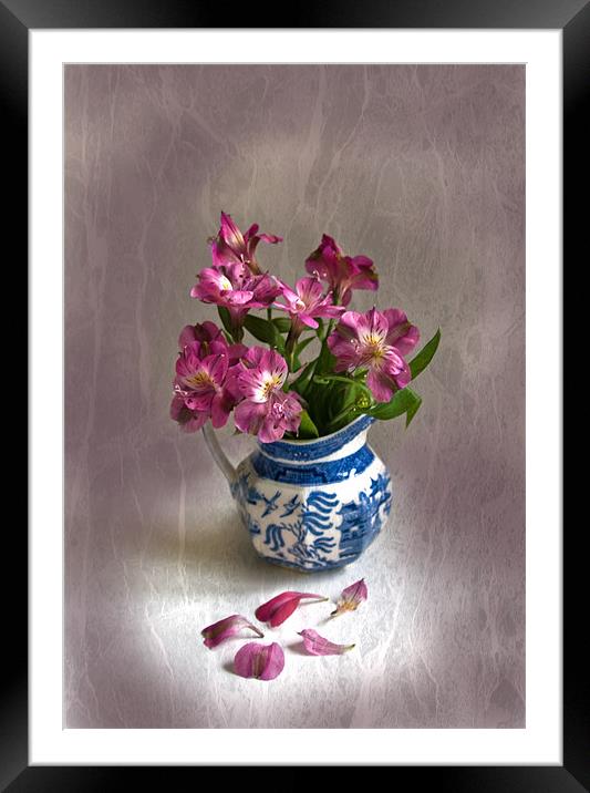 Pink Flowers and Blue Jug Framed Mounted Print by Jacqi Elmslie