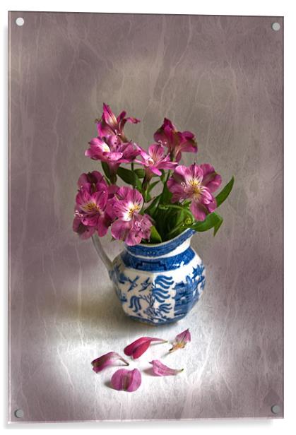 Pink Flowers and Blue Jug Acrylic by Jacqi Elmslie