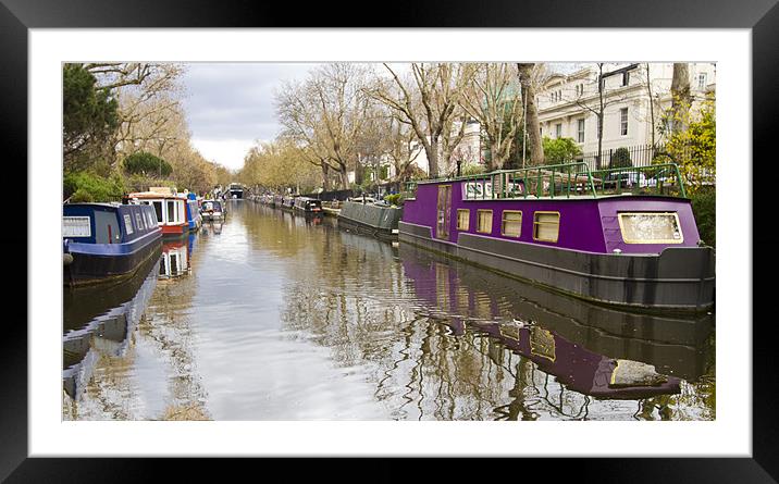 Regents Canal narrow boats Framed Mounted Print by David French