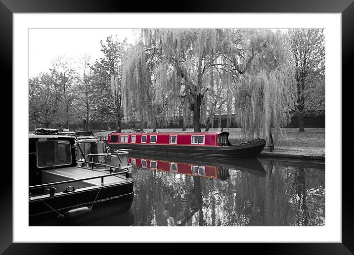 Regents Canal narrow boats bw Framed Mounted Print by David French