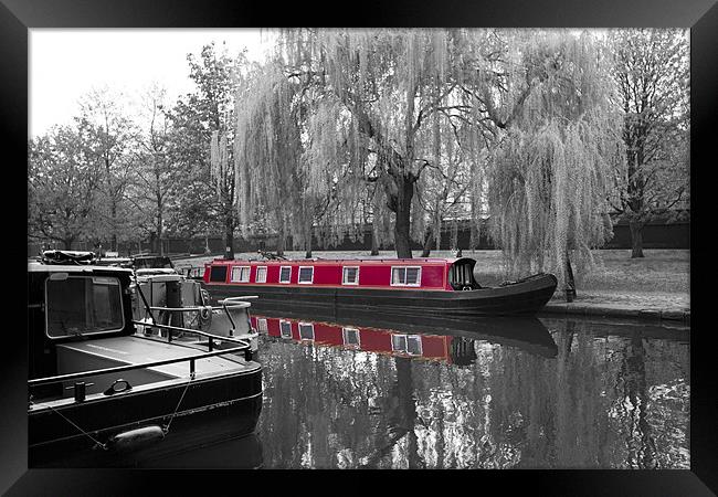 Regents Canal narrow boats bw Framed Print by David French