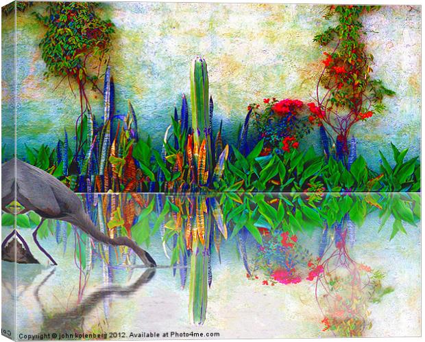 blue heron in my mexican garden Canvas Print by john kolenberg
