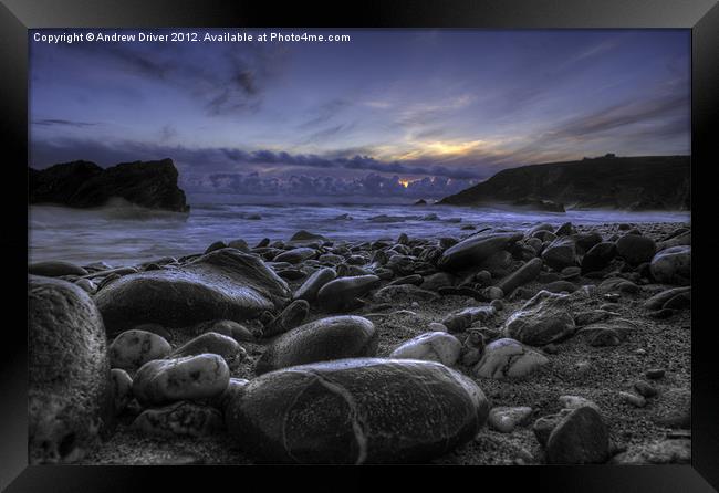Wet Rocks at Sunset Framed Print by Andrew Driver
