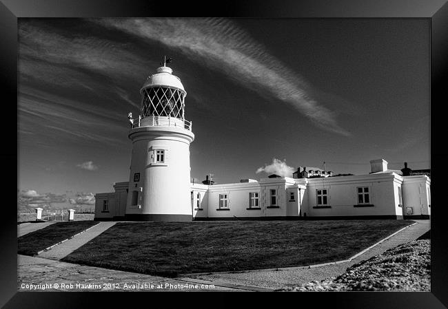 Pendeen Lighthouse in mono Framed Print by Rob Hawkins