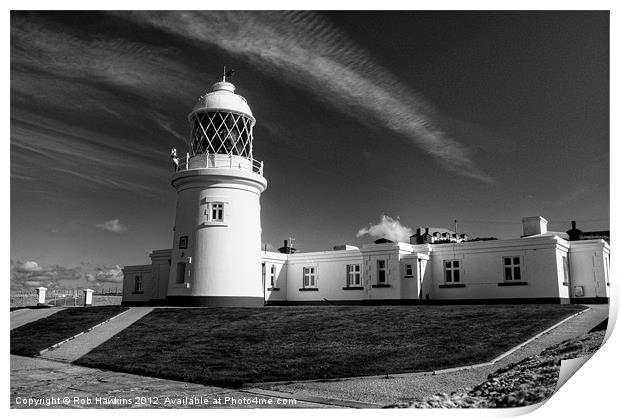 Pendeen Lighthouse in mono Print by Rob Hawkins