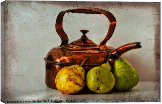 Copper kettle with pears Canvas Print by Sandra Pledger