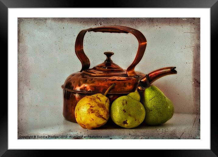 Copper kettle with pears Framed Mounted Print by Sandra Pledger