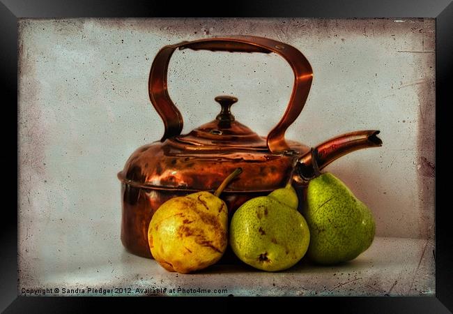 Copper kettle with pears Framed Print by Sandra Pledger