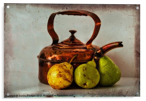 Copper kettle with pears Acrylic by Sandra Pledger