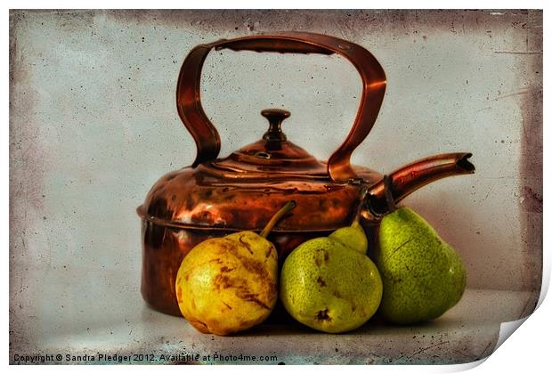 Copper kettle with pears Print by Sandra Pledger