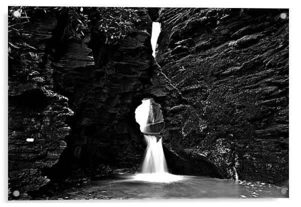 St Nectans Glen Waterfall Mono Acrylic by Paul Mirfin