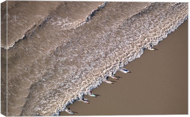 Surfers on the Severn Bore aerial Canvas Print by mark humpage