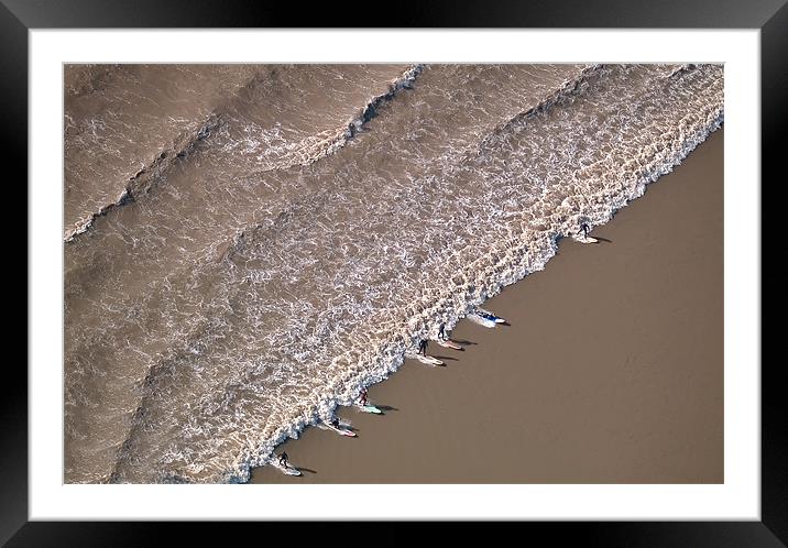 Surfers on the Severn Bore aerial Framed Mounted Print by mark humpage