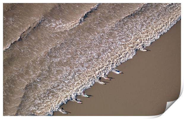 Surfers on the Severn Bore aerial Print by mark humpage