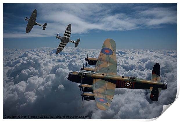 Lancaster Bomber and Spitfire Escort Print by Oxon Images