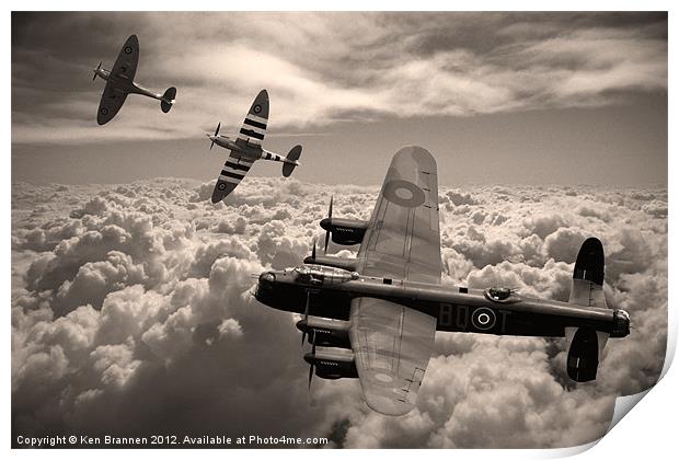 Lancaster Bomber and Spitfire Sepia Print by Oxon Images