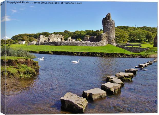 Ogmore Castle & Stepping Stones Canvas Print by Paula J James