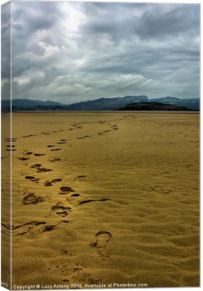 Footprints on Port Merion beach Canvas Print by Lucy Antony