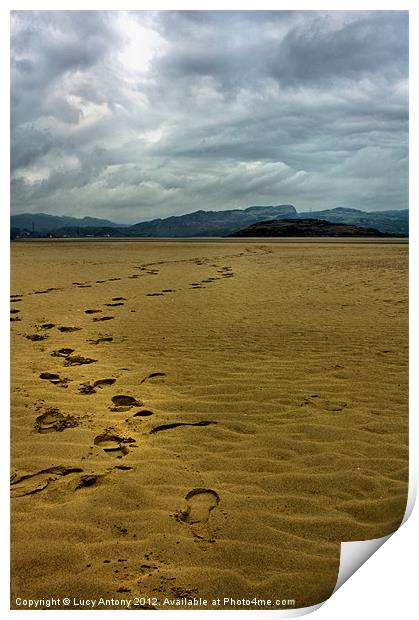 Footprints on Port Merion beach Print by Lucy Antony