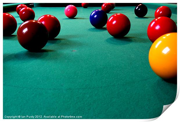 Snooker table with coloured balls Print by Ian Purdy