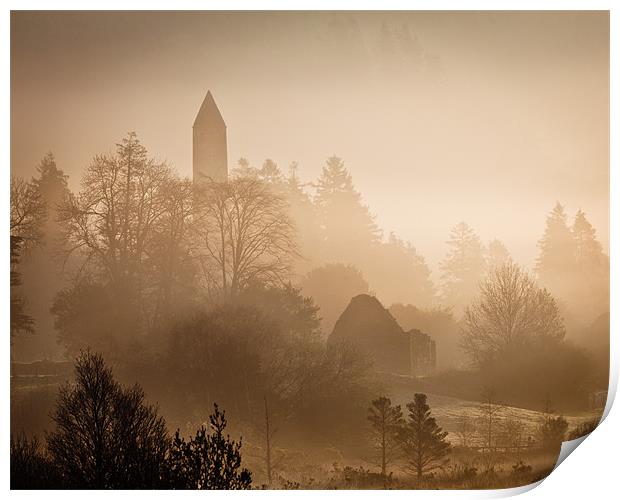Misty Morning Glendalough Print by Hauke Steinberg