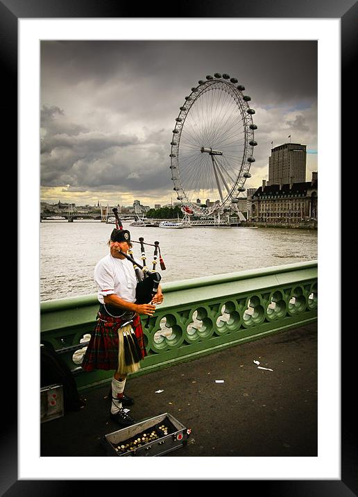 Westminster Bridge Piper, London Framed Mounted Print by Daniel Zrno