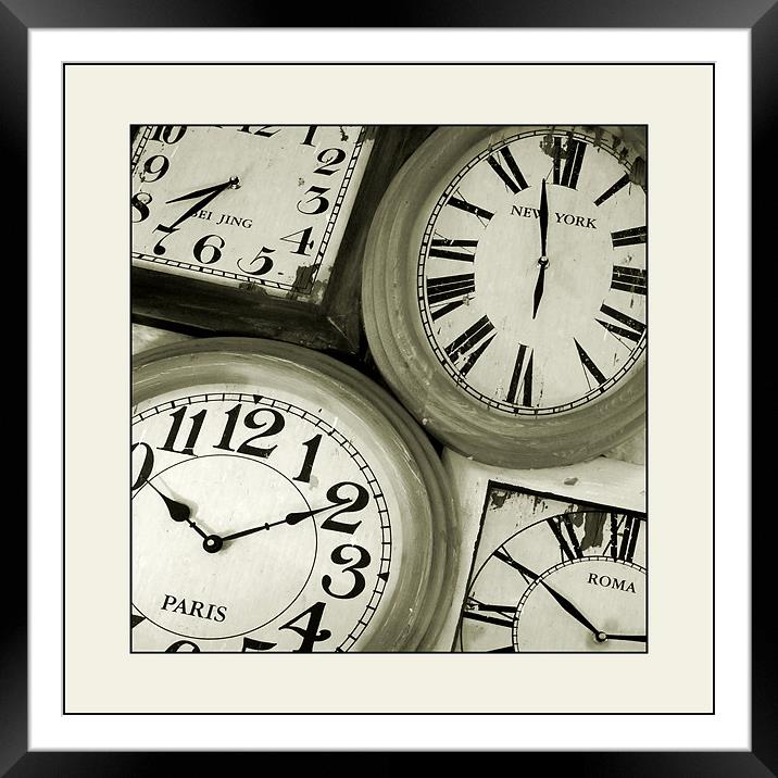 The time in ... Bei Jing, New York, Paris and Roma Framed Mounted Print by Heather Newton