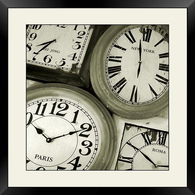 The time in ... Bei Jing, New York, Paris and Roma Framed Print by Heather Newton