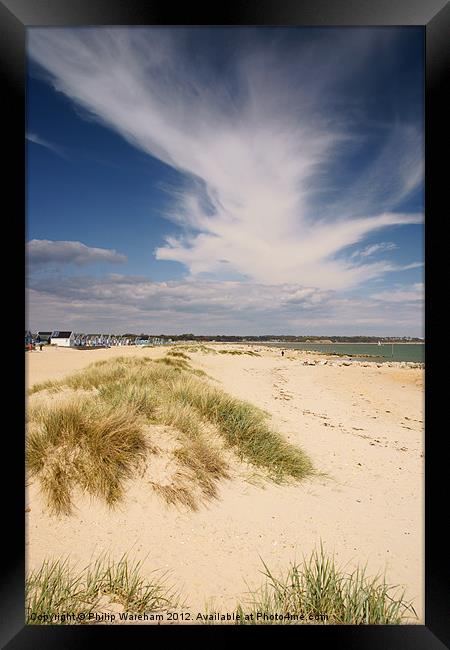 Dunes Beach Huts and Cloud Framed Print by Phil Wareham