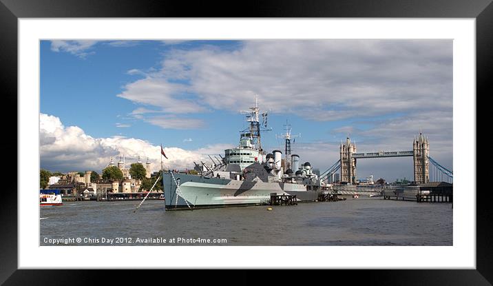 HMS Belfast and city skyline Framed Mounted Print by Chris Day