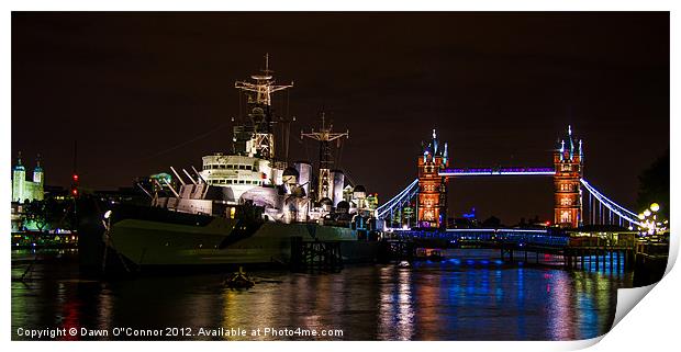 HMS Belfast and Tower Bridge Print by Dawn O'Connor