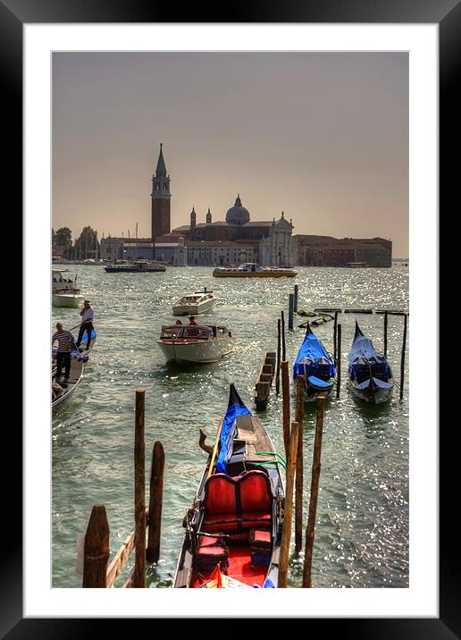 Gondolas in front of San Giorgio Maggiore Framed Mounted Print by Tom Gomez