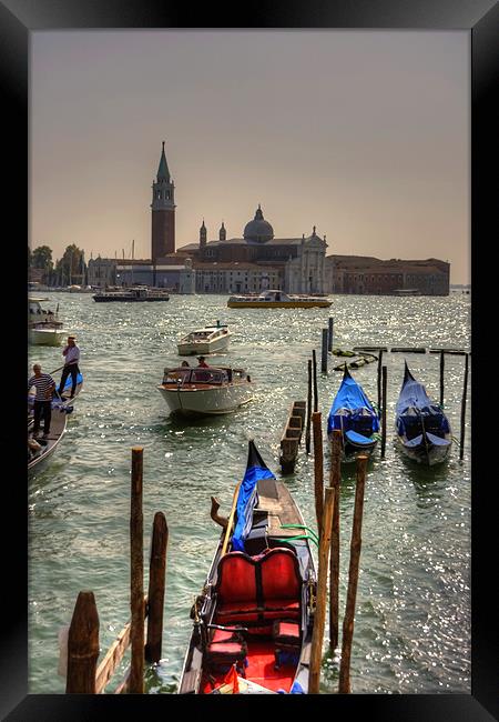 Gondolas in front of San Giorgio Maggiore Framed Print by Tom Gomez