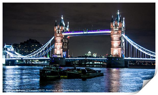 Tower Bridge at Night with London Barges Print by Dawn O'Connor