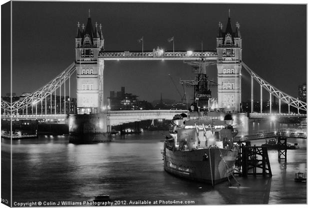 HMS Belfast From London Bridge - Night BW Canvas Print by Colin Williams Photography