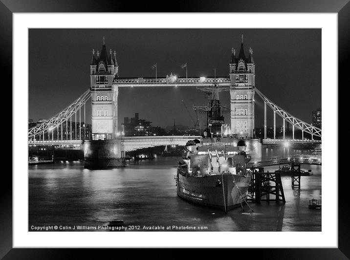 HMS Belfast From London Bridge - Night BW Framed Mounted Print by Colin Williams Photography