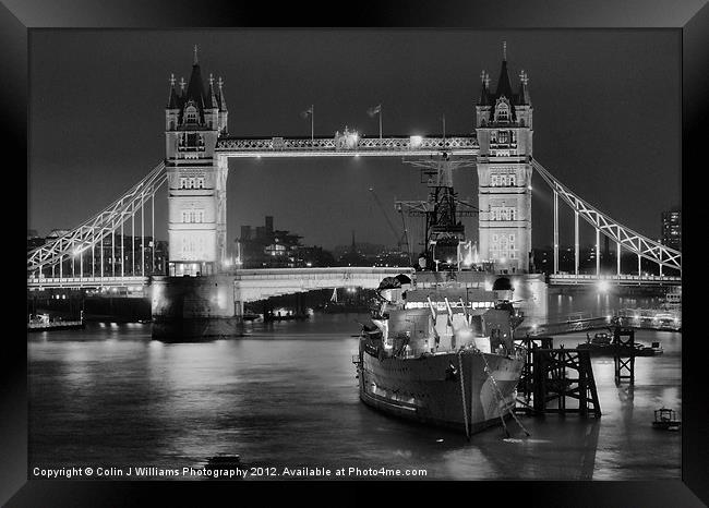 HMS Belfast From London Bridge - Night BW Framed Print by Colin Williams Photography