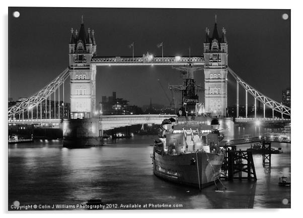 HMS Belfast From London Bridge - Night BW Acrylic by Colin Williams Photography