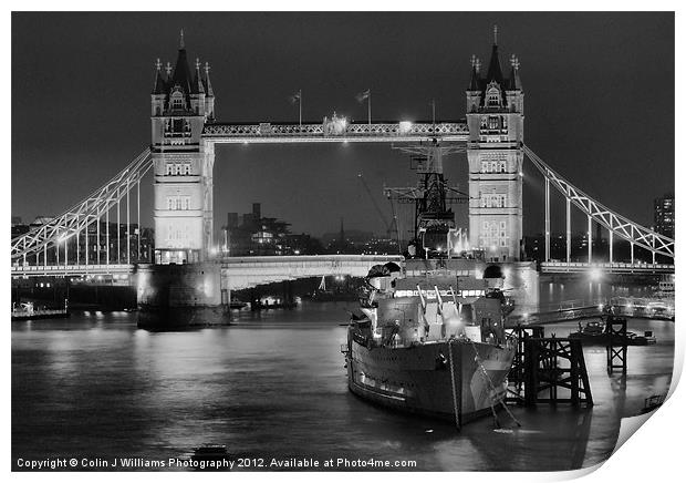 HMS Belfast From London Bridge - Night BW Print by Colin Williams Photography