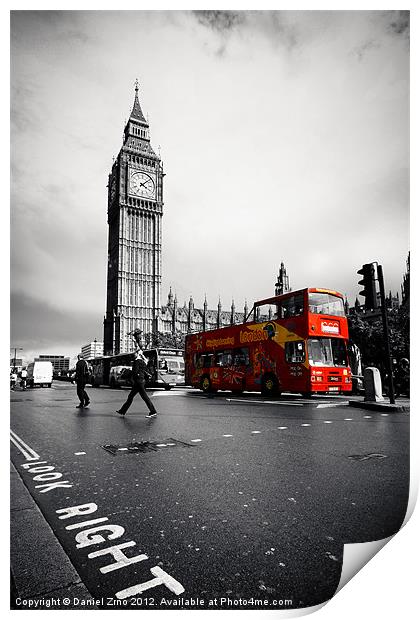 London Big Ben with red bus Print by Daniel Zrno