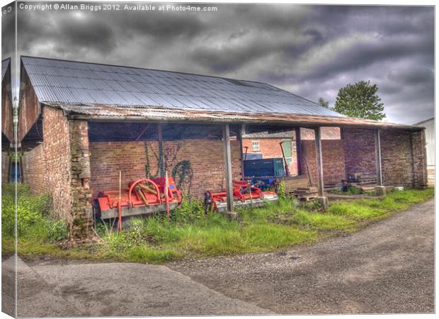 Long Marston Barn with Farm Implements Canvas Print by Allan Briggs