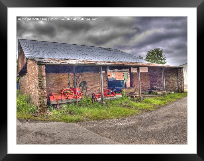 Long Marston Barn with Farm Implements Framed Mounted Print by Allan Briggs