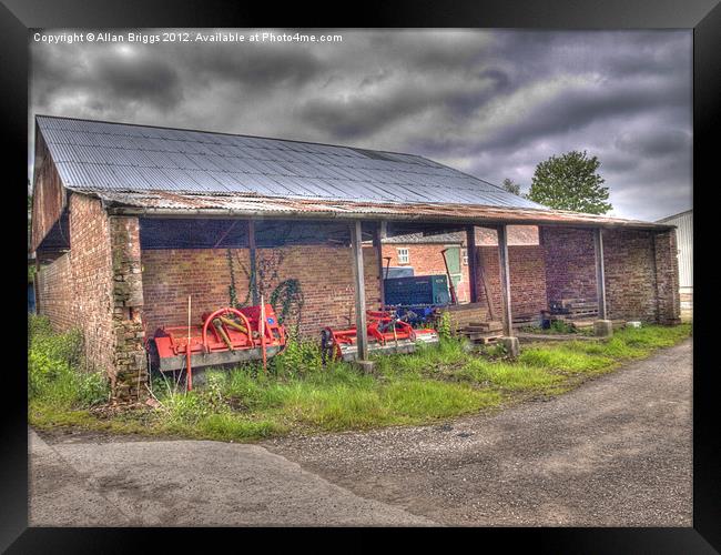 Long Marston Barn with Farm Implements Framed Print by Allan Briggs
