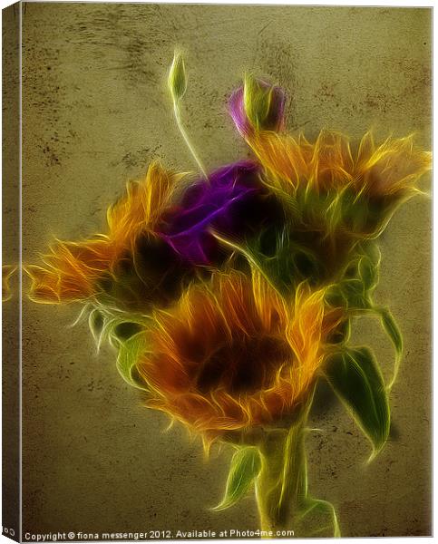 Three Sunflowers and a Lisianthus Canvas Print by Fiona Messenger