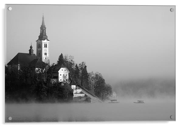 Misty Lake Bled in Black and White Acrylic by Ian Middleton