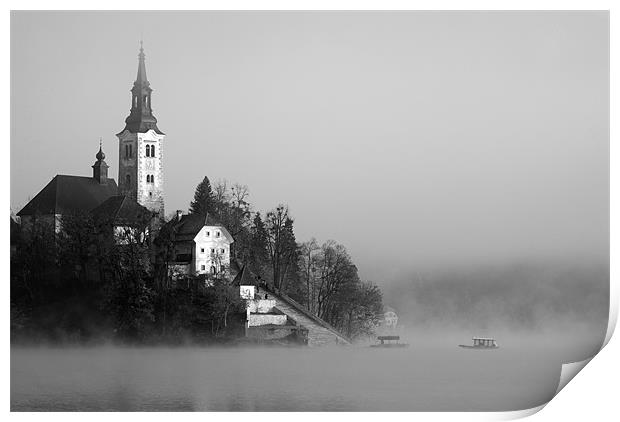 Misty Lake Bled in Black and White Print by Ian Middleton