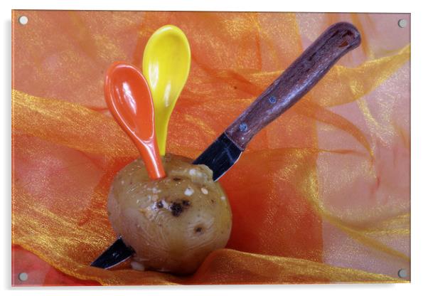 Potato with knife and teaspoons Acrylic by Jose Manuel Espigares Garc